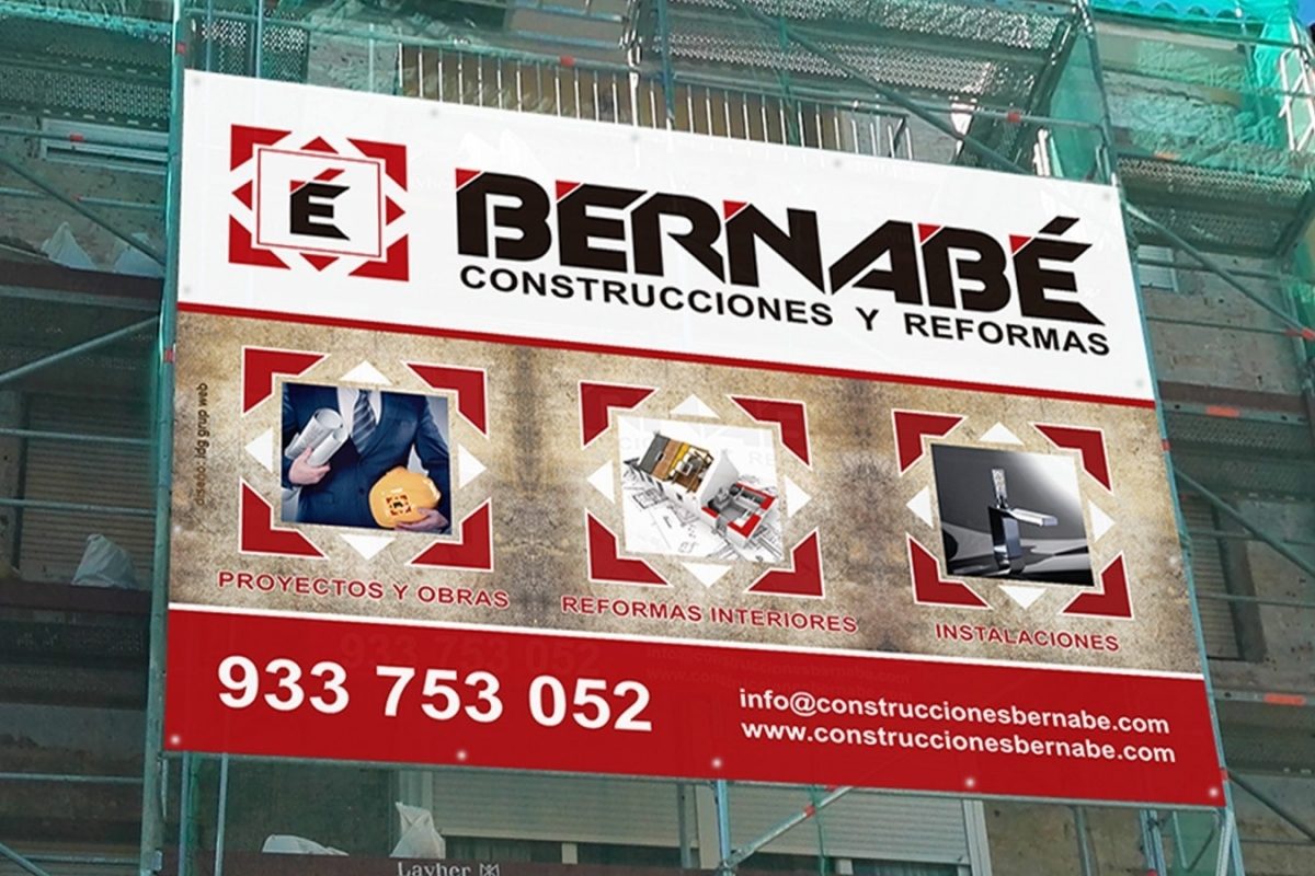 Diseño de LONAS Y BANDEROLAS de obra para Empresa de Construcción, Rehabilitación Edificios y Reformas Interiores de Barcelona: CONSTRUCCIONES BERNABÉ | Diseño: IDG GRUP WEB - Imagen Corporativa y Publicidad