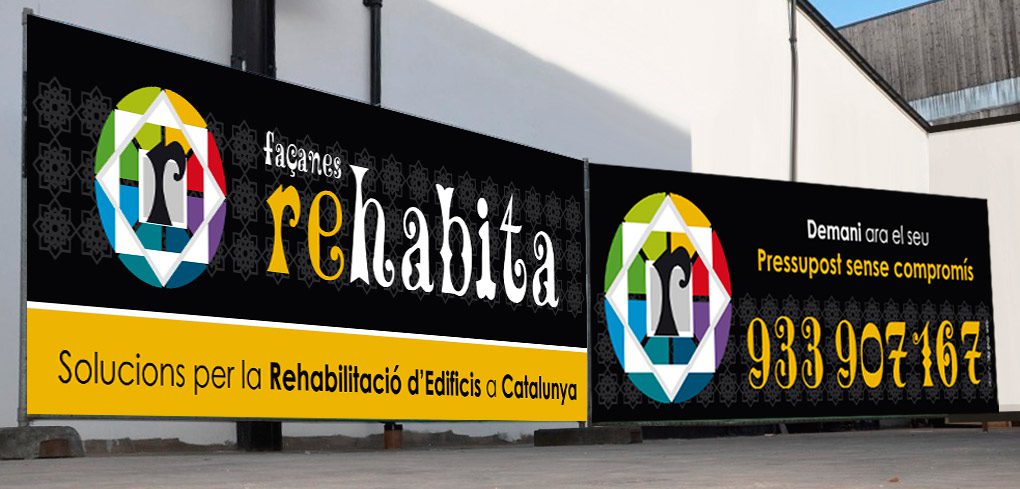 Diseño e Imprenta de Lonas, Banderolas para andamios, Vallas, Pancartas en Gran Formato: REHABITA 2. Barcelona.