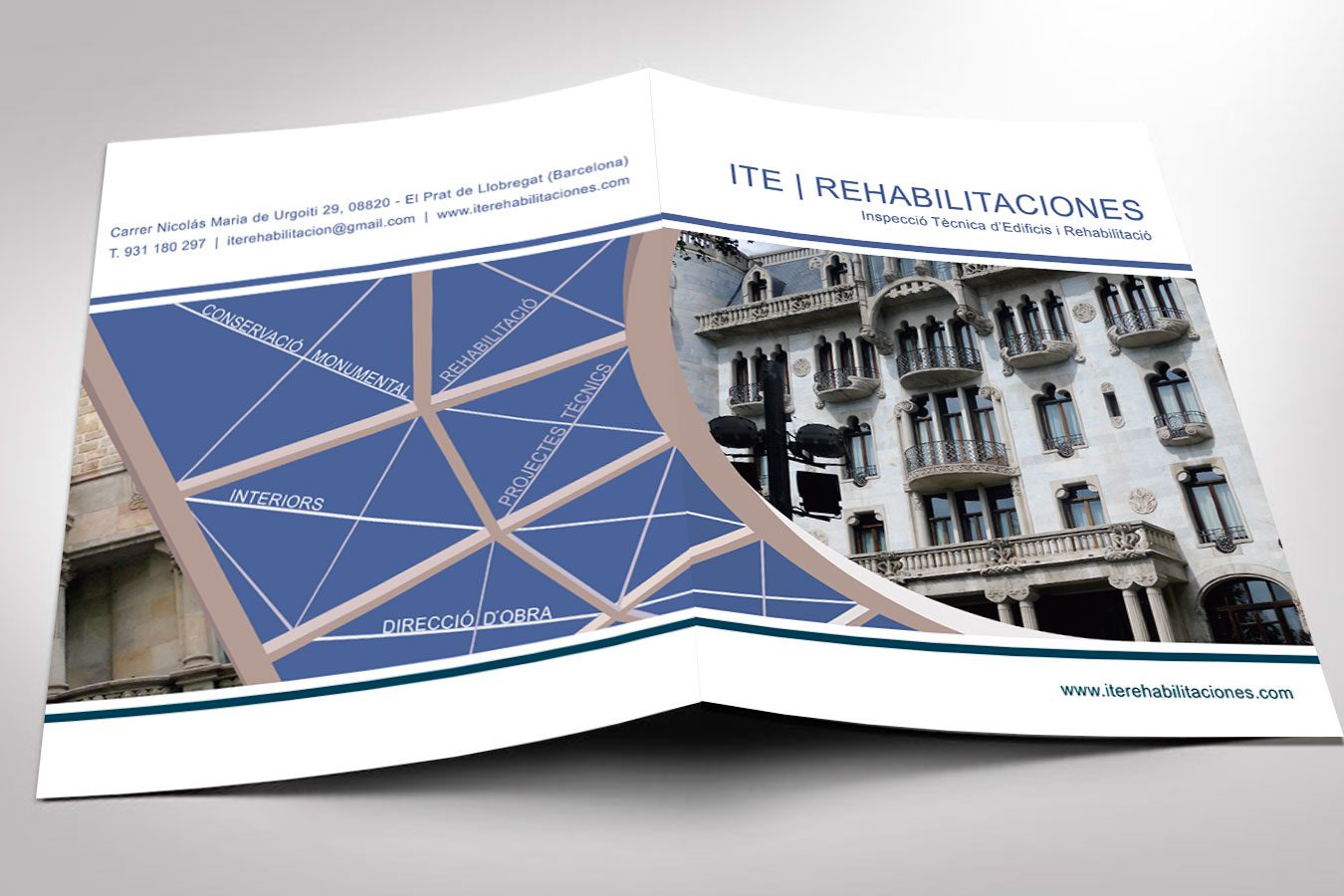 Diseño gráfico e Imprenta de TRÍPTICO Corporativo triple dinA4 para ITE REHABILITACIONES (El Prat. Barcelona). Diseño: IDG GRUP WEB - Imagen Corporativa y Publicidad